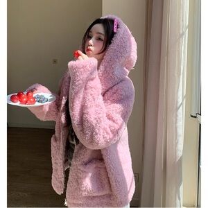 Cozy Pink Wool Fur Hooded Coat